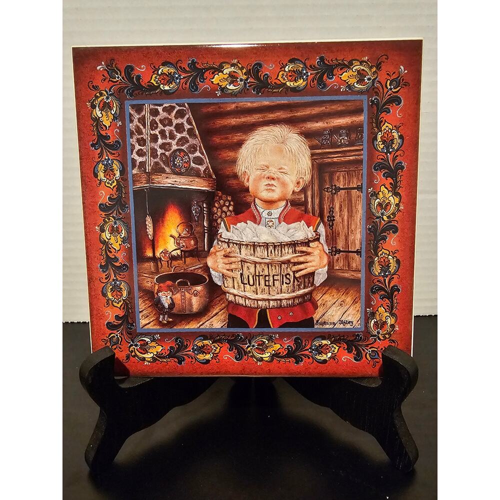 Lutefisk Boy Ceramic Tile Trivet by Suzanne Toftey Christmas Tile Scandinavian